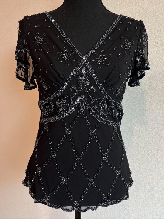 unkn Tops - Black Beaded Silk Top with Rhinestone Detailing